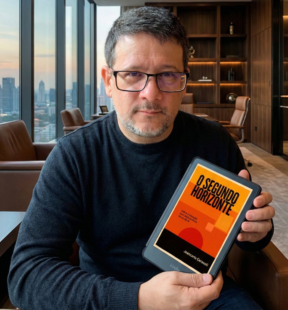 Jeancarlo Cerasoli segurando o livro O Segundo Horizonte